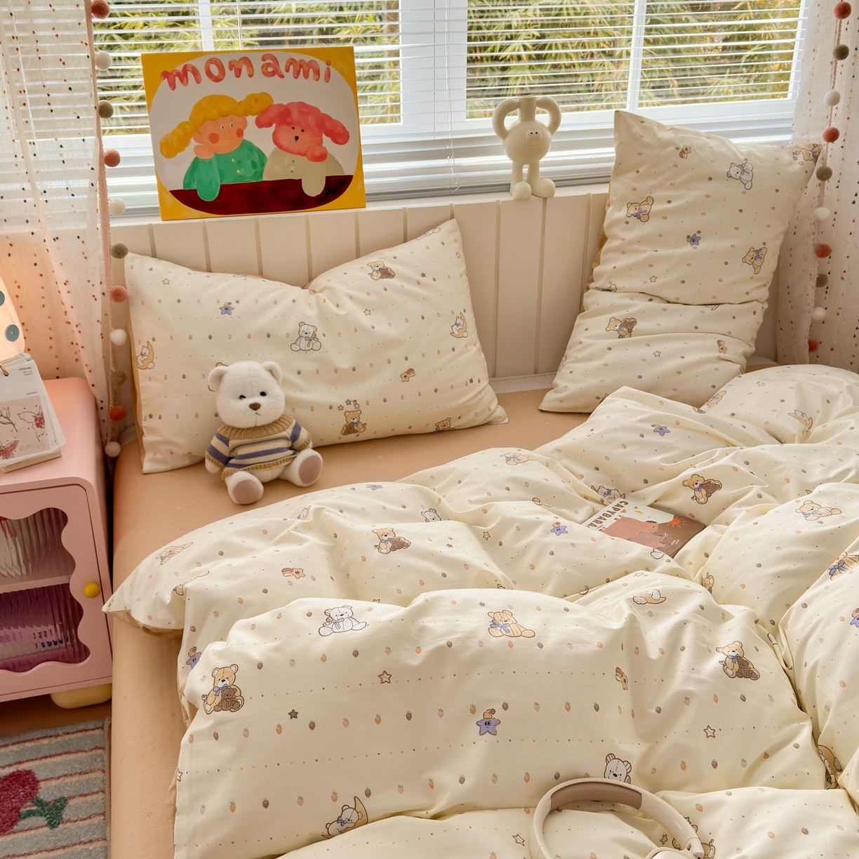 91家纺网 家纺一手货源 找家纺 梵克保罗 2026春夏新款ins小清新40支全棉13372四件套学生三件套单被套单枕套系列-第二批（单枕套） 星星布偶