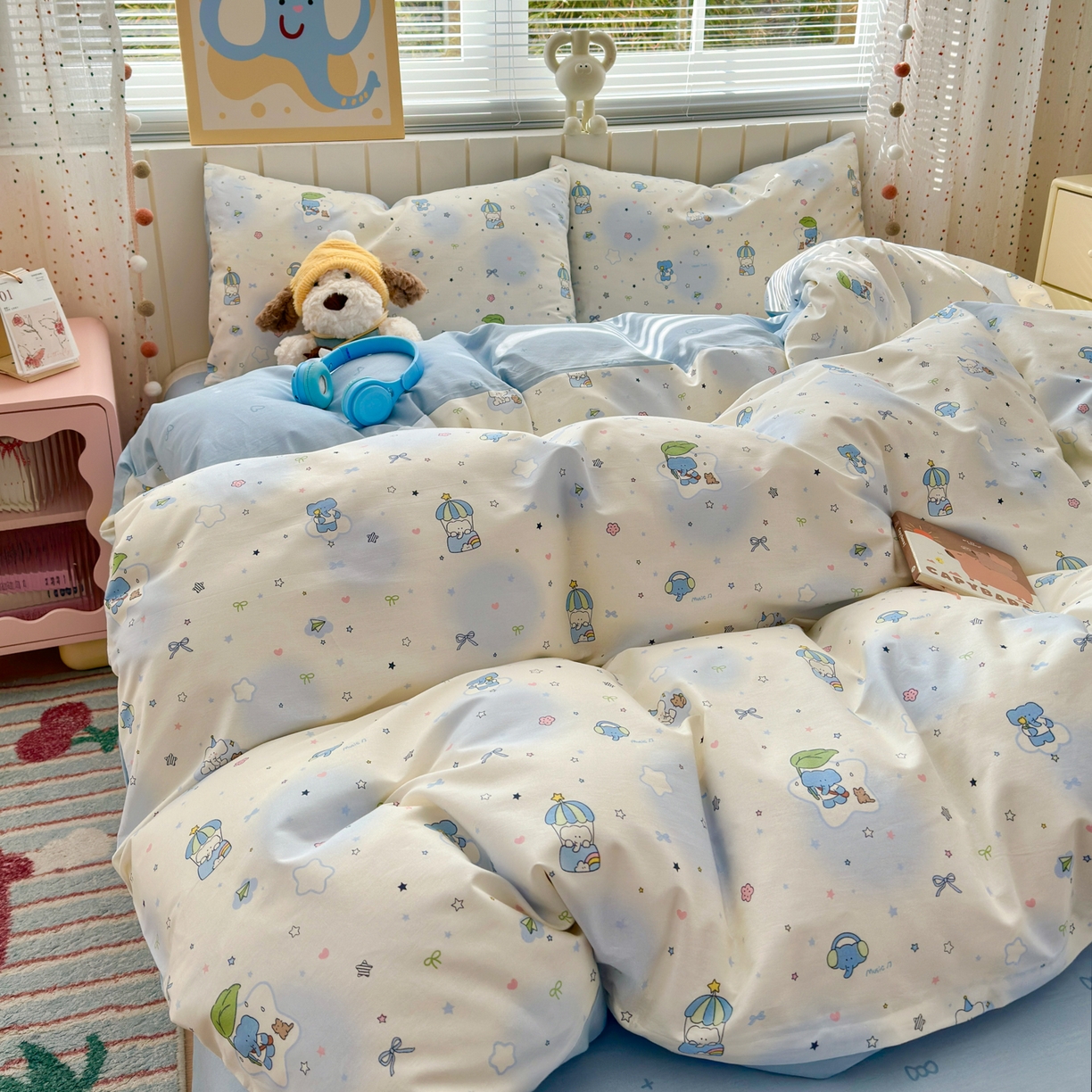 91家纺网 家纺一手货源 找家纺 梵克保罗 2026春夏新款ins小清新40支全棉13372四件套学生三件套单被套单枕套系列-第二批（单枕套） 蓝色小象