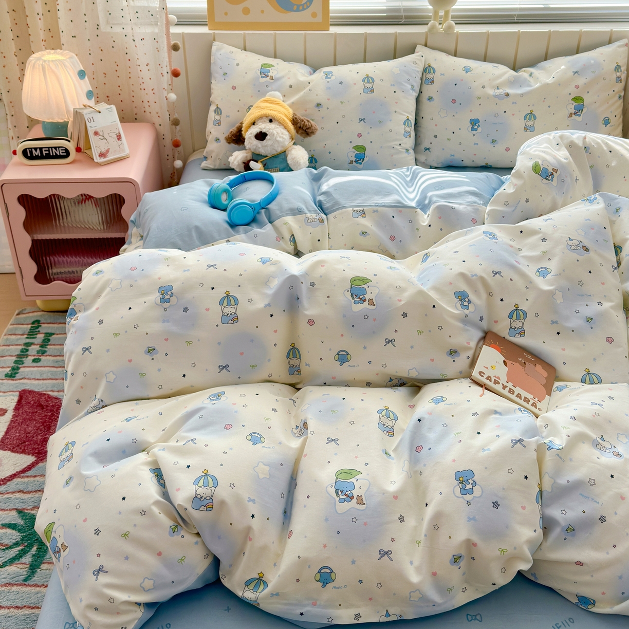 91家纺网 家纺一手货源 找家纺 梵克保罗 2026春夏新款ins小清新40支全棉13372四件套学生三件套单被套单枕套系列-第二批（单枕套） 蓝色小象