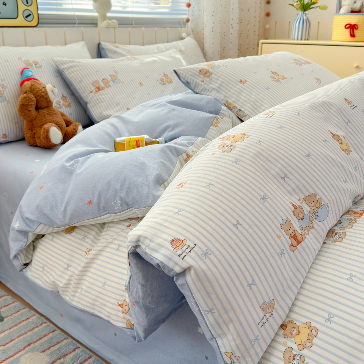 91家纺网 家纺一手货源 找家纺 梵克保罗 2026春夏新款ins小清新40支全棉13372四件套学生三件套单被套单枕套系列-第二批（单枕套） 幸福小熊