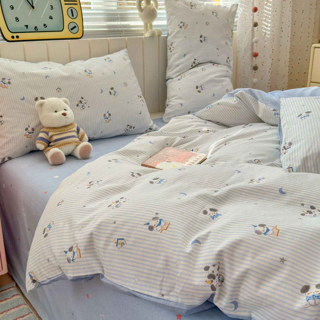 91家纺网 家纺一手货源 找家纺 梵克保罗 2026春夏新款ins小清新40支全棉13372四件套学生三件套单被套单枕套系列-第二批（单枕套） 月亮狗