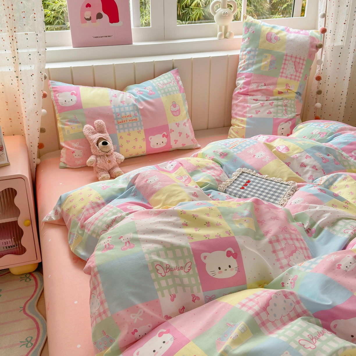 91家纺网 家纺一手货源 找家纺 梵克保罗 2026春夏新款ins小清新40支全棉13372四件套学生三件套单被套单枕套系列-第二批（单枕套） 可爱喵喵