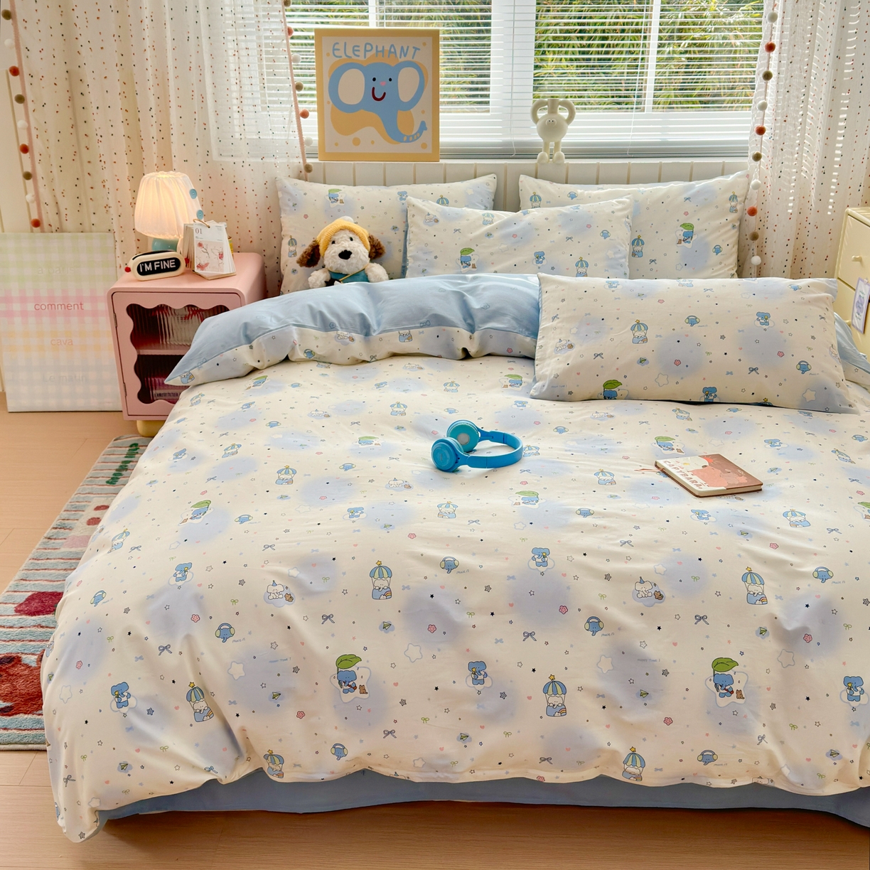 91家纺网 家纺一手货源 找家纺 梵克保罗 2026春夏新款ins小清新40支全棉13372四件套学生三件套单被套单枕套系列-第二批（单枕套） 蓝色小象