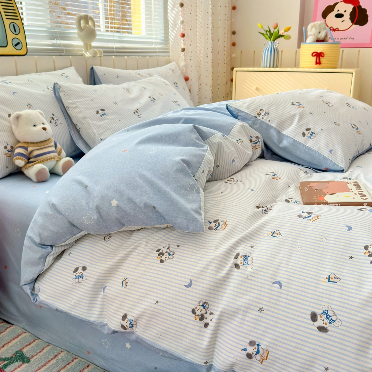 91家纺网 家纺一手货源 找家纺 梵克保罗 2026春夏新款ins小清新40支全棉13372四件套学生三件套单被套单枕套系列-第二批（单枕套） 月亮狗