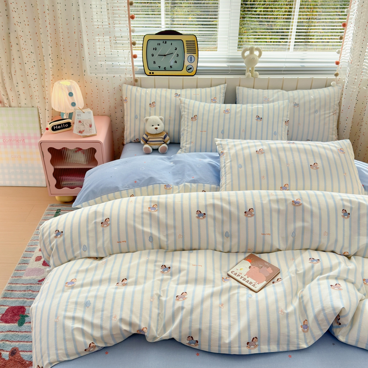 91家纺网 家纺一手货源 找家纺 梵克保罗 2026春夏新款ins小清新40支全棉13372四件套学生三件套单被套单枕套系列-第二批（单枕套） 跷跷马