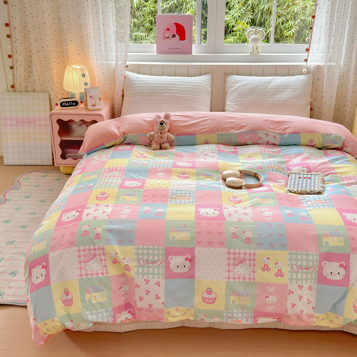 91家纺网 家纺一手货源 找家纺 梵克保罗 2026春夏新款ins小清新40支全棉13372四件套学生三件套单被套单枕套系列-第二批（单枕套） 可爱喵喵