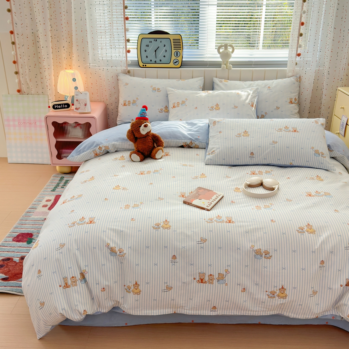 91家纺网 家纺一手货源 找家纺 梵克保罗 2026春夏新款ins小清新40支全棉13372四件套学生三件套单被套单枕套系列-第二批（单枕套） 幸福小熊