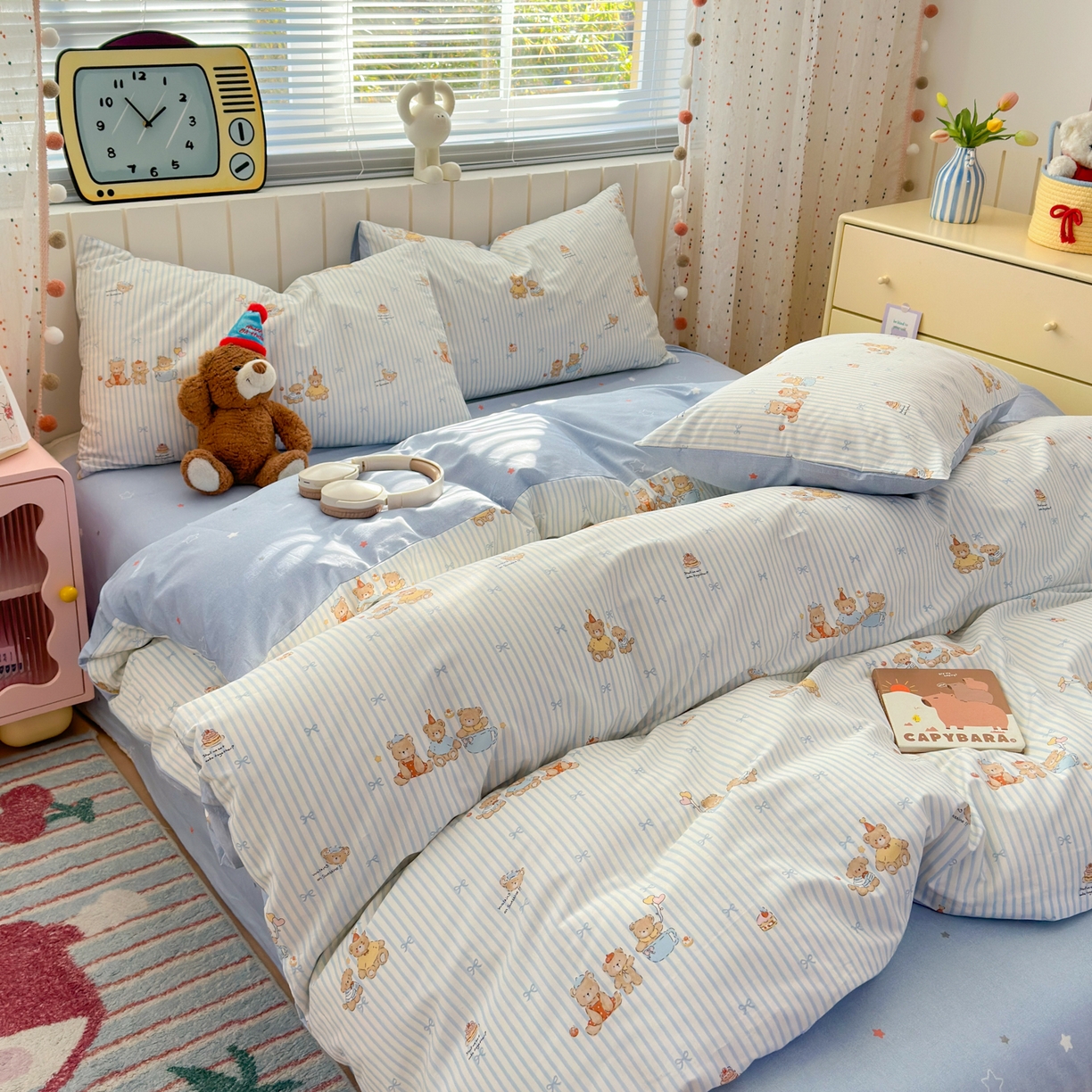 91家纺网 家纺一手货源 找家纺 梵克保罗 2026春夏新款ins小清新40支全棉13372四件套学生三件套单被套单枕套系列-第二批（单枕套） 幸福小熊