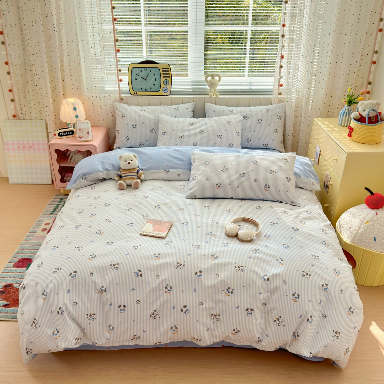 91家纺网 家纺一手货源 找家纺 梵克保罗 2026春夏新款ins小清新40支全棉13372四件套学生三件套单被套单枕套系列-第二批（单枕套） 月亮狗