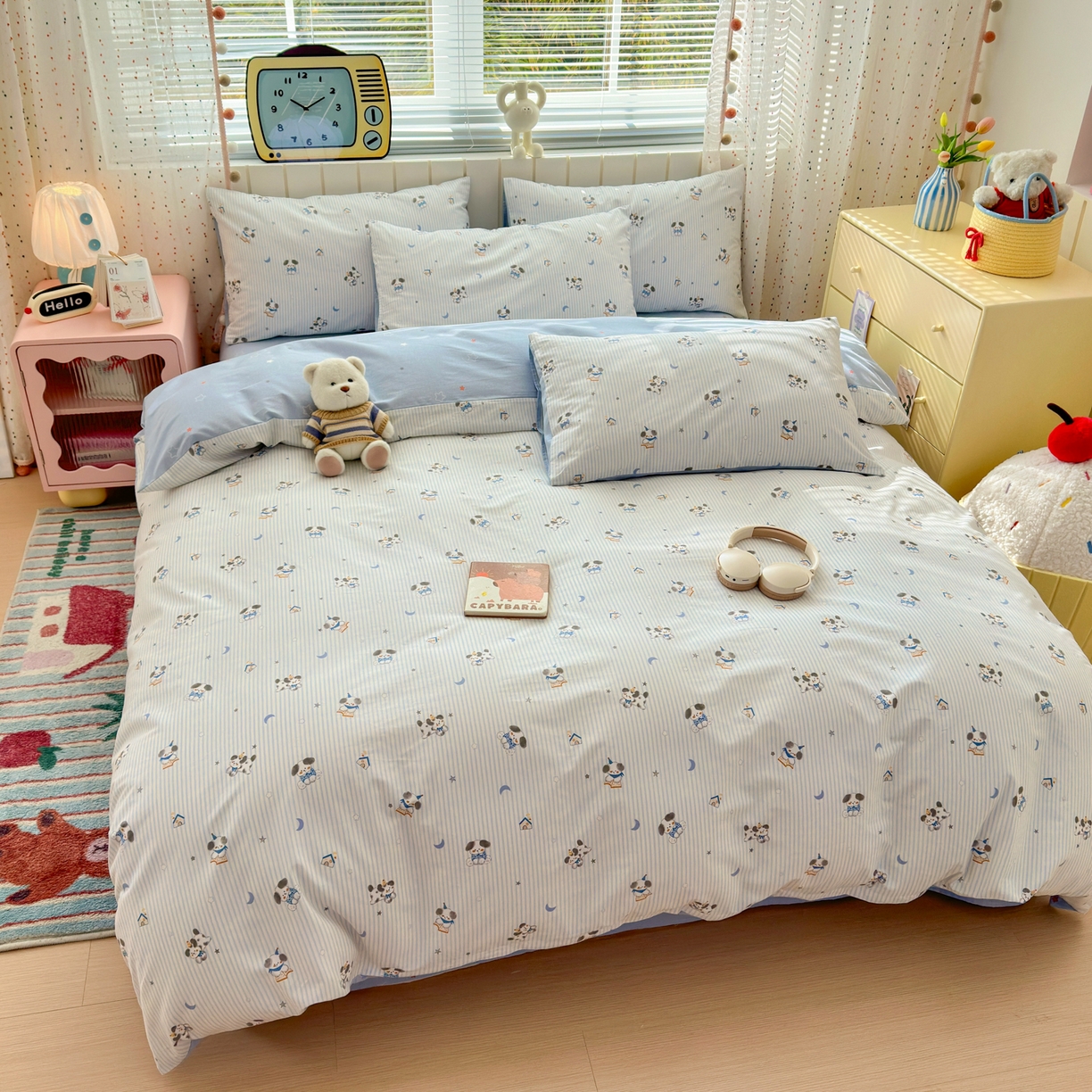 91家纺网 家纺一手货源 找家纺 梵克保罗 2026春夏新款ins小清新40支全棉13372四件套学生三件套单被套单枕套系列-第二批（单枕套） 月亮狗