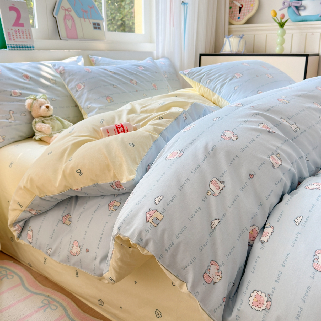 91家纺网 家纺一手货源 找家纺 梵克保罗 2026春夏新款ins小清新40支全棉13372四件套学生三件套单被套单枕套系列-第三批（四件套） 小象之家-兰