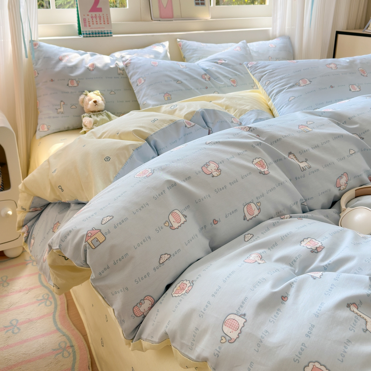 91家纺网 家纺一手货源 找家纺 梵克保罗 2026春夏新款ins小清新40支全棉13372四件套学生三件套单被套单枕套系列-第三批（四件套） 小象之家-兰