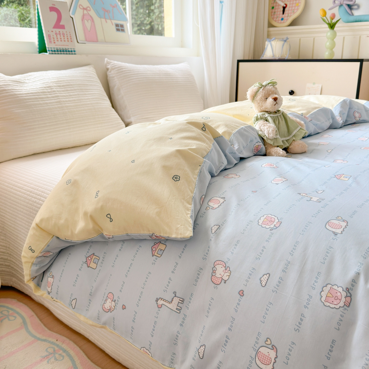 91家纺网 家纺一手货源 找家纺 梵克保罗 2026春夏新款ins小清新40支全棉13372四件套学生三件套单被套单枕套系列-第三批（四件套） 小象之家-兰