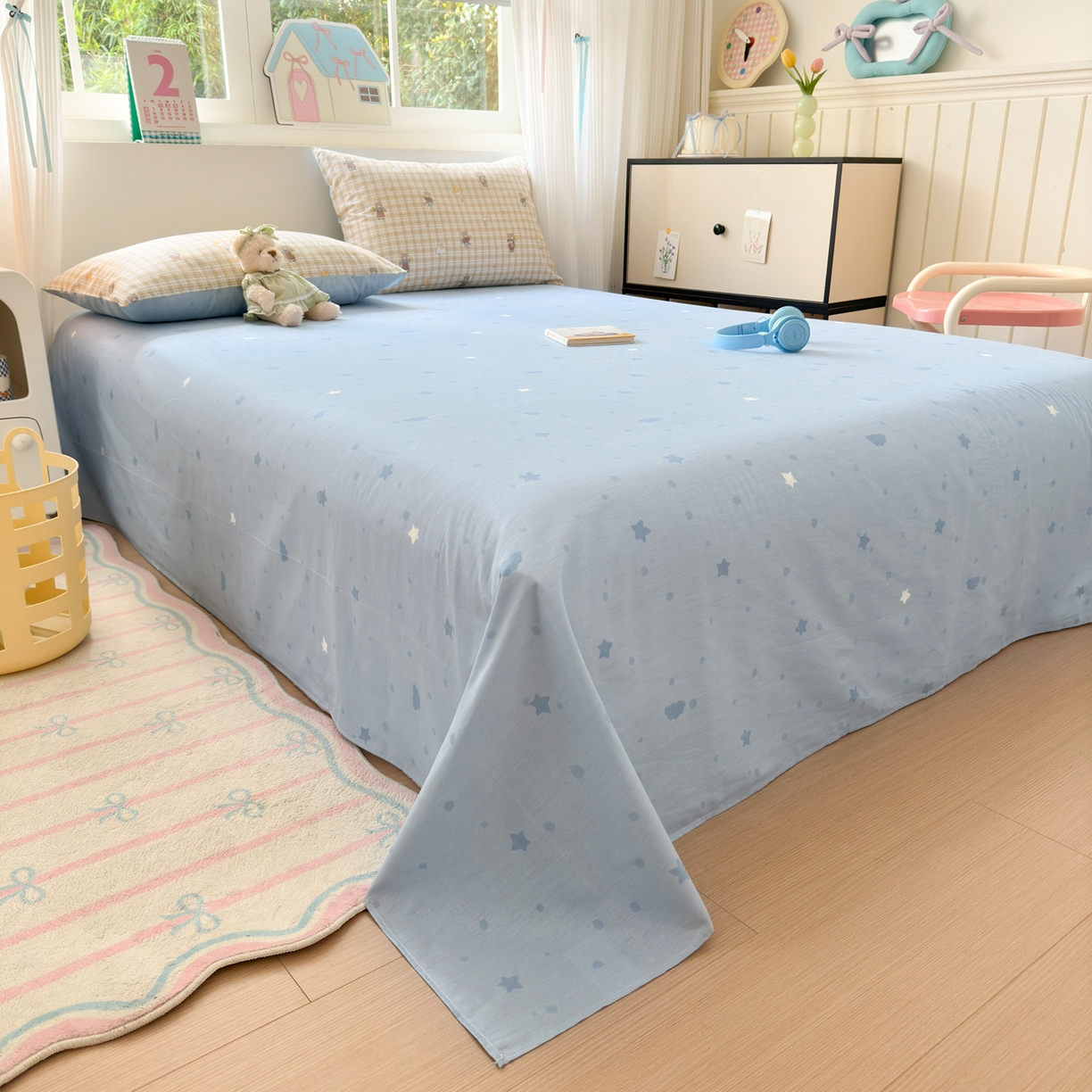 91家纺网 家纺一手货源 找家纺 梵克保罗 2026春夏新款ins小清新40支全棉13372四件套学生三件套单被套单枕套系列-第三批（四件套） 摘星小熊