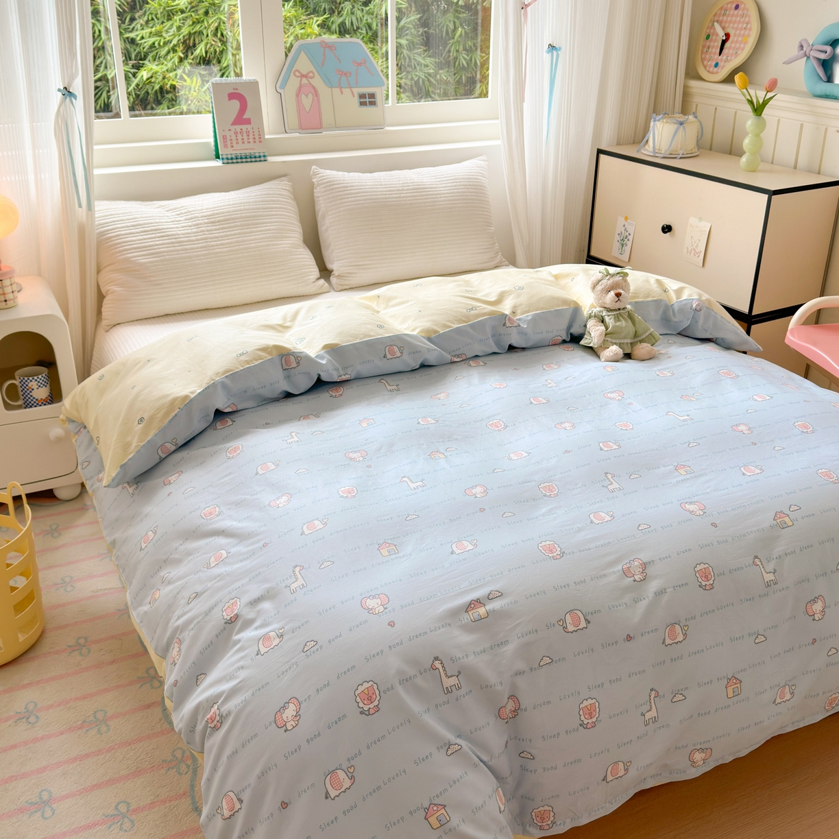 91家纺网 家纺一手货源 找家纺 梵克保罗 2026春夏新款ins小清新40支全棉13372四件套学生三件套单被套单枕套系列-第三批（四件套） 小象之家-兰