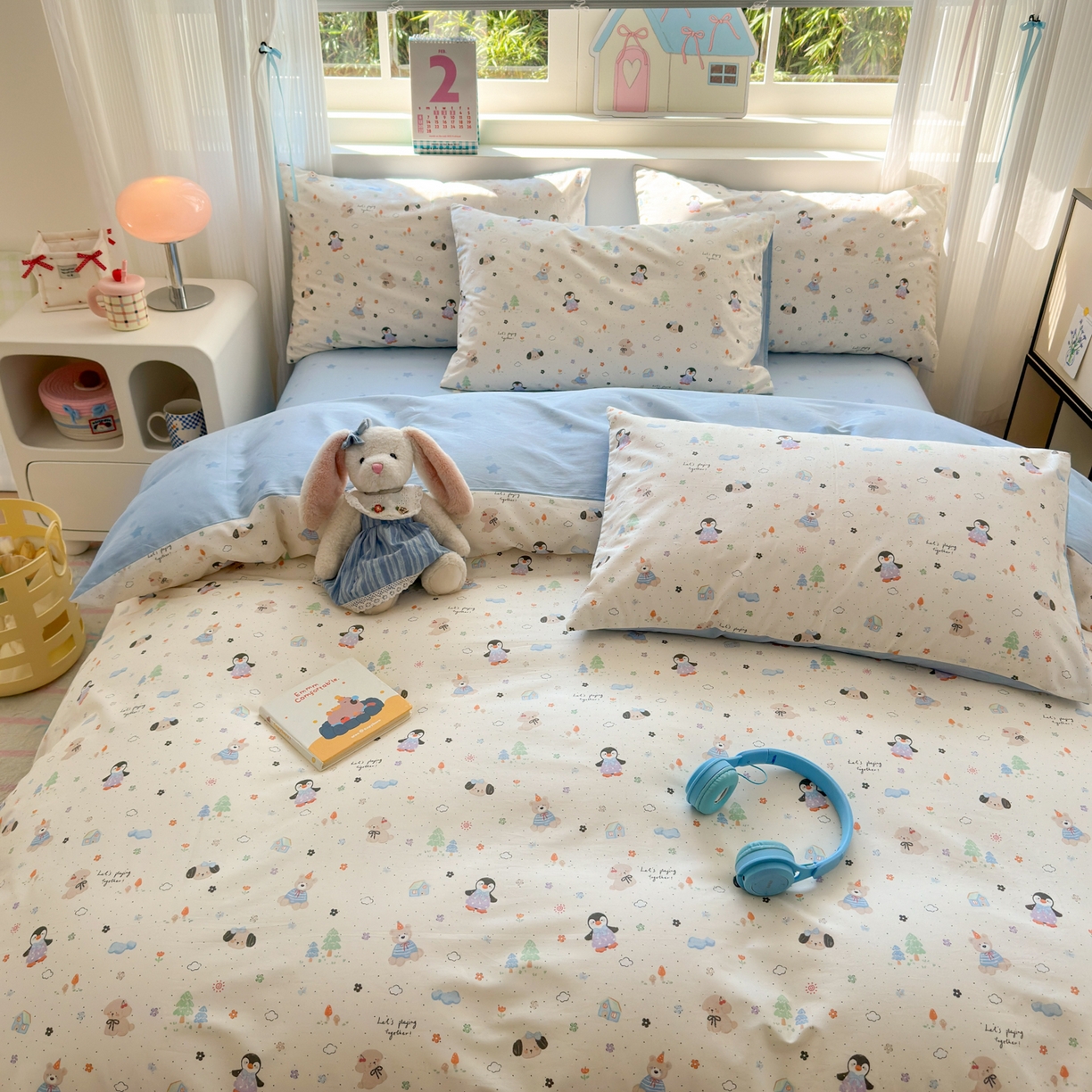 91家纺网 家纺一手货源 找家纺 梵克保罗 2026春夏新款ins小清新40支全棉13372四件套学生三件套单被套单枕套系列-第三批（四件套） QQ乐园