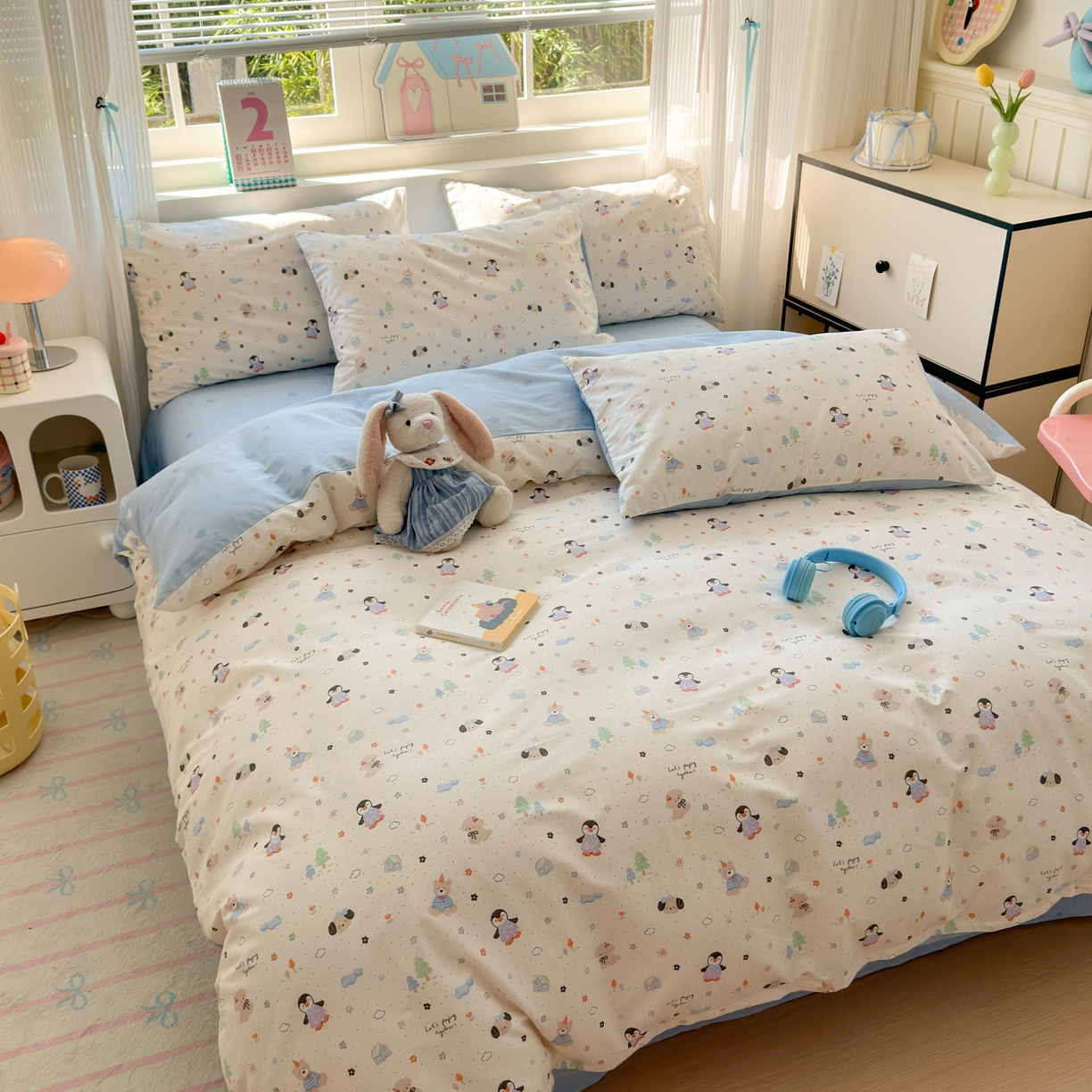 91家纺网 家纺一手货源 找家纺 梵克保罗 2026春夏新款ins小清新40支全棉13372四件套学生三件套单被套单枕套系列-第三批（四件套） QQ乐园