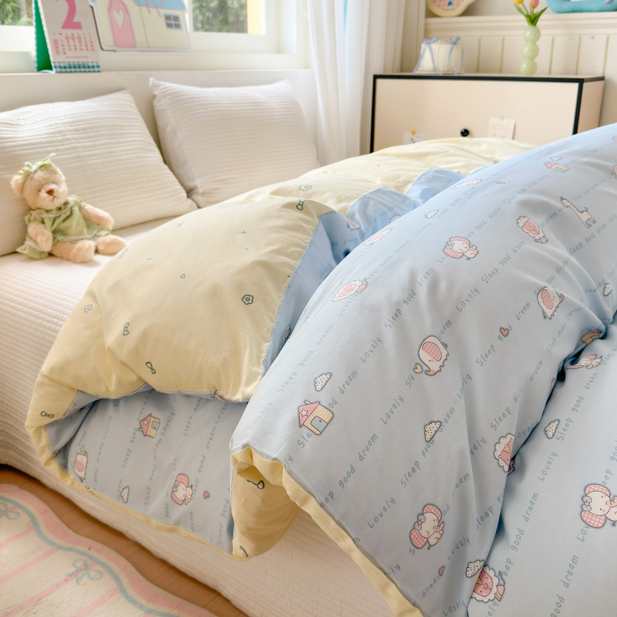 91家纺网 家纺一手货源 找家纺 （总）梵克保罗 2026春夏新款ins小清新40支全棉13372四件套学生三件套单被套单枕套系列-第三批（单被套）