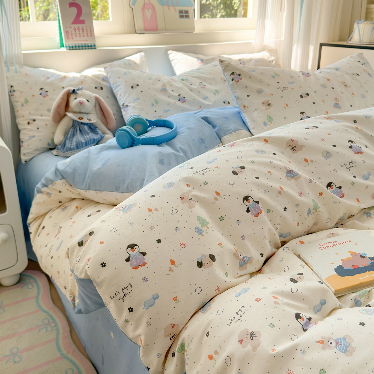 91家纺网 家纺一手货源 找家纺 梵克保罗 2026春夏新款ins小清新40支全棉13372四件套学生三件套单被套单枕套系列-第三批（单被套） QQ乐园