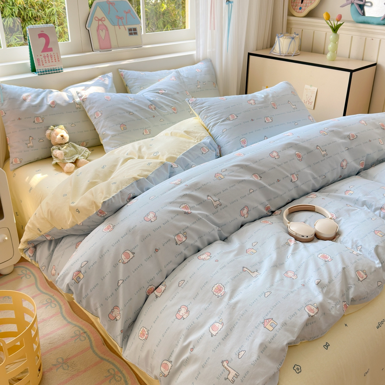 91家纺网 家纺一手货源 找家纺 梵克保罗 2026春夏新款ins小清新40支全棉13372四件套学生三件套单被套单枕套系列-第三批（单被套） 小象之家-兰