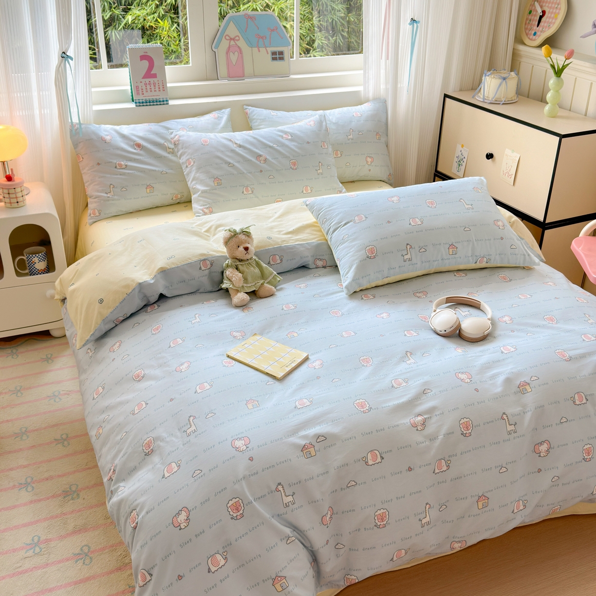 91家纺网 家纺一手货源 找家纺 梵克保罗 2026春夏新款ins小清新40支全棉13372四件套学生三件套单被套单枕套系列-第三批（单被套） 小象之家-兰