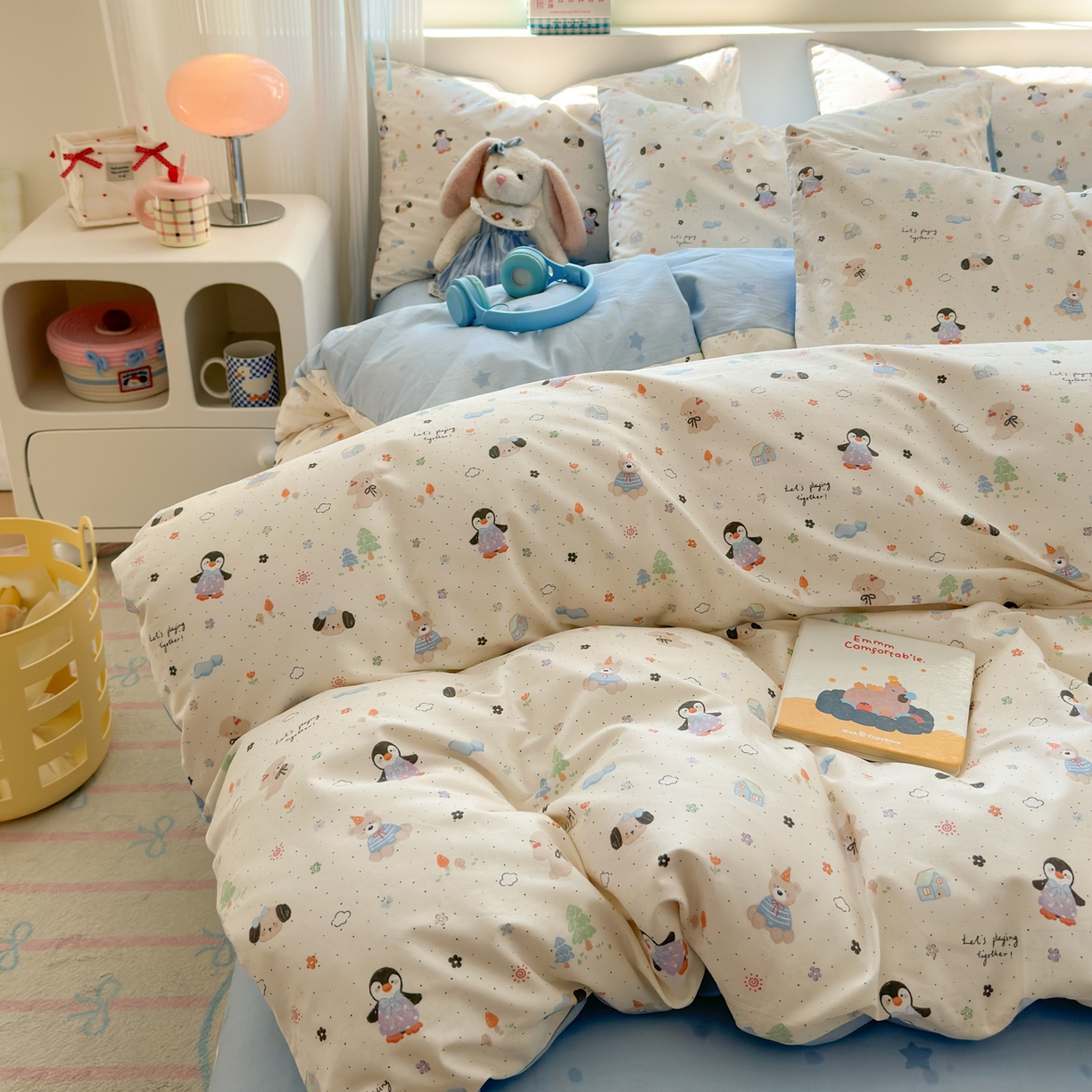 91家纺网 家纺一手货源 找家纺 梵克保罗 2026春夏新款ins小清新40支全棉13372四件套学生三件套单被套单枕套系列-第三批（单被套） QQ乐园