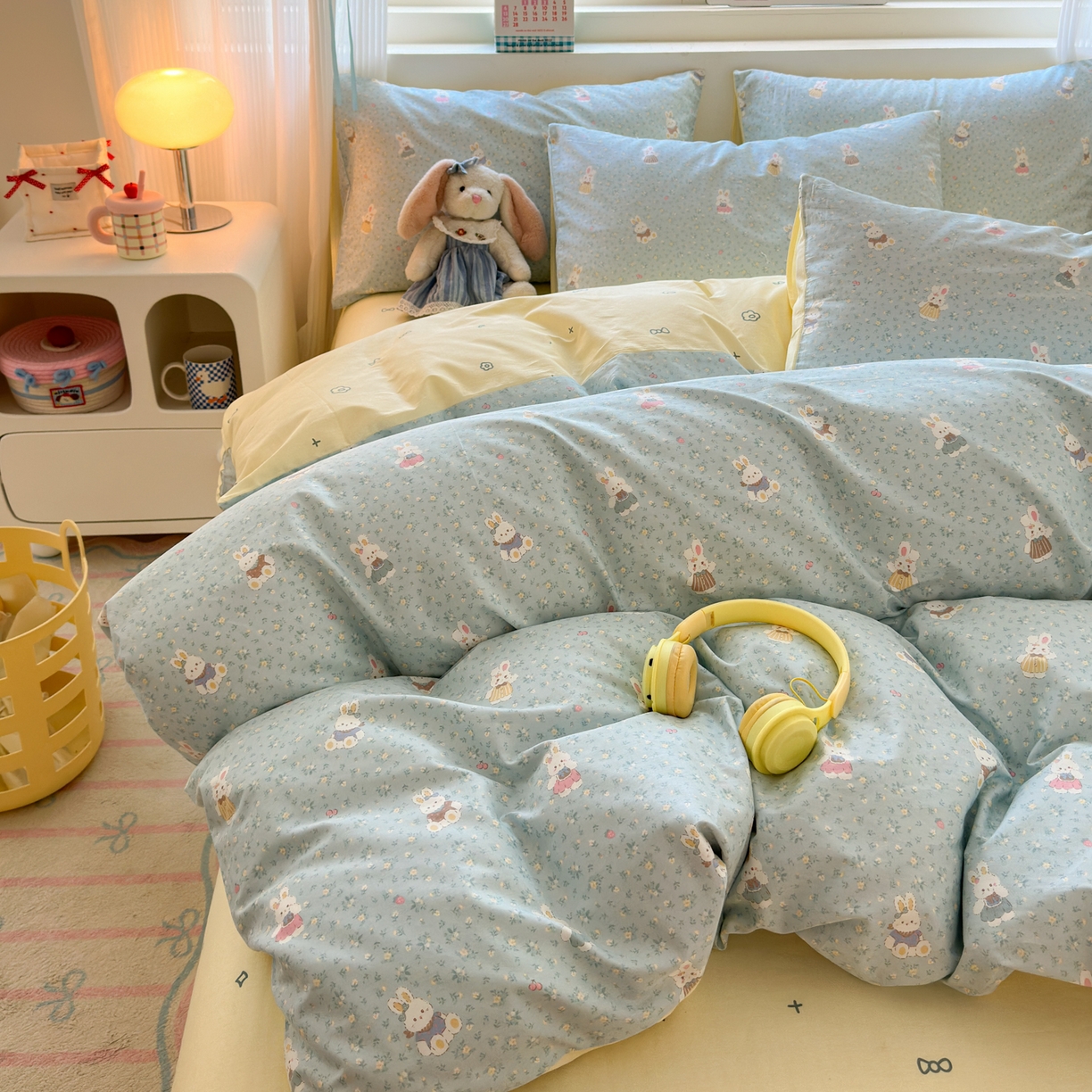 91家纺网 家纺一手货源 找家纺 梵克保罗 2026春夏新款ins小清新40支全棉13372四件套学生三件套单被套单枕套系列-第三批（单被套） 告白兔