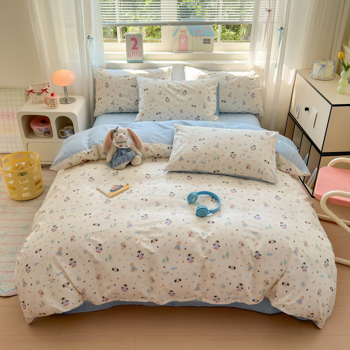 91家纺网 家纺一手货源 找家纺 梵克保罗 2026春夏新款ins小清新40支全棉13372四件套学生三件套单被套单枕套系列-第三批（单被套） QQ乐园