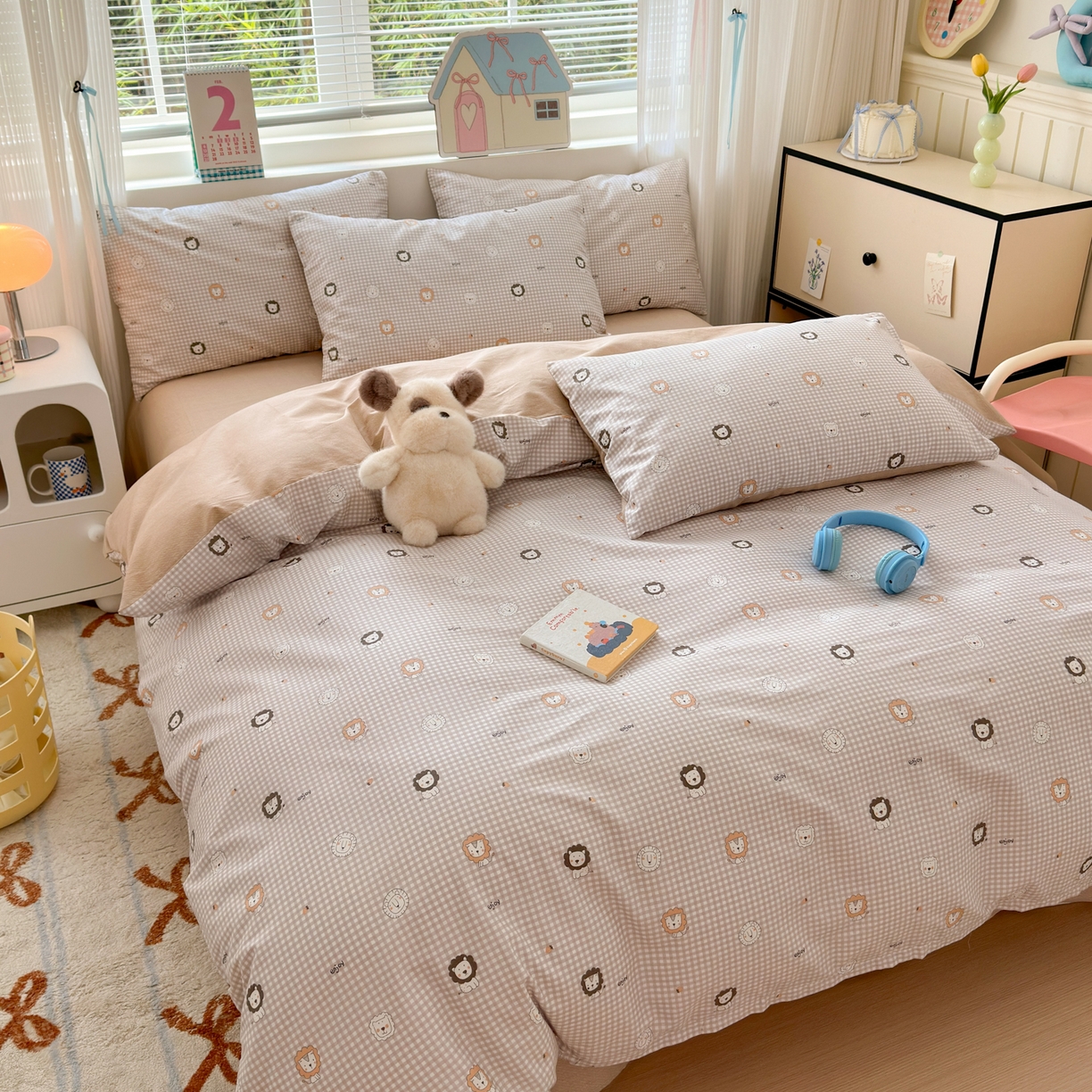 91家纺网 家纺一手货源 找家纺 梵克保罗 2026春夏新款ins小清新40支全棉13372四件套学生三件套单被套单枕套系列-第三批（单被套） 麦克狮