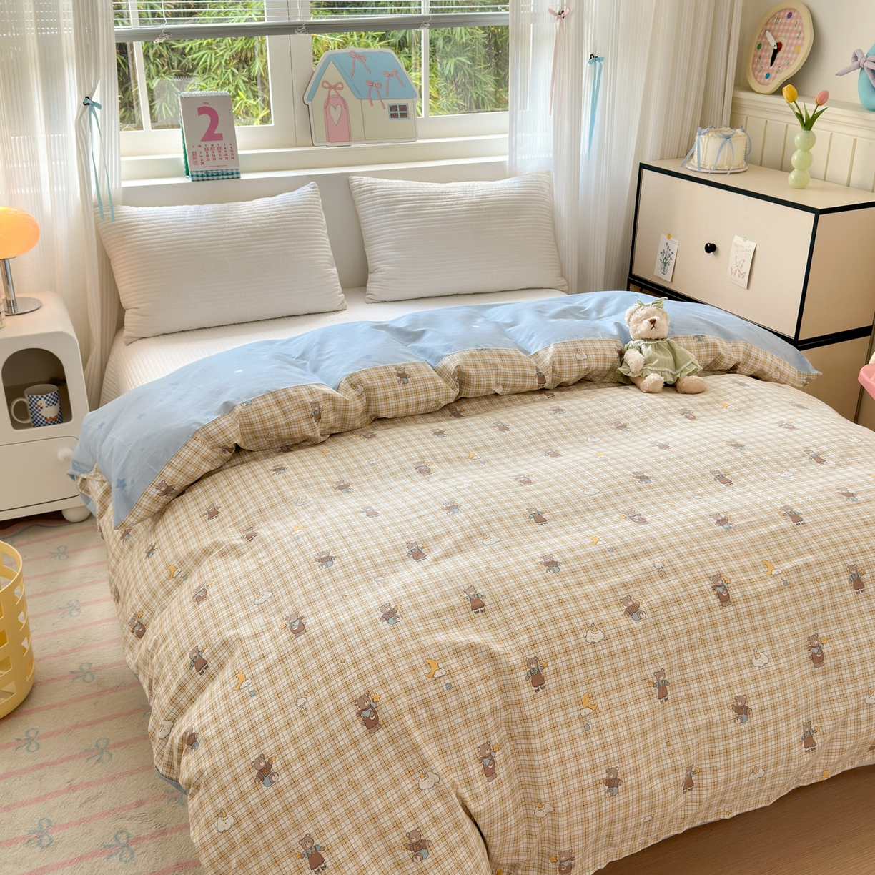 91家纺网 家纺一手货源 找家纺 梵克保罗 2026春夏新款ins小清新40支全棉13372四件套学生三件套单被套单枕套系列-第三批（单被套） 摘星小熊