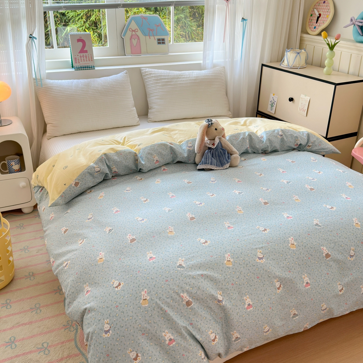 91家纺网 家纺一手货源 找家纺 梵克保罗 2026春夏新款ins小清新40支全棉13372四件套学生三件套单被套单枕套系列-第三批（单枕套） 告白兔