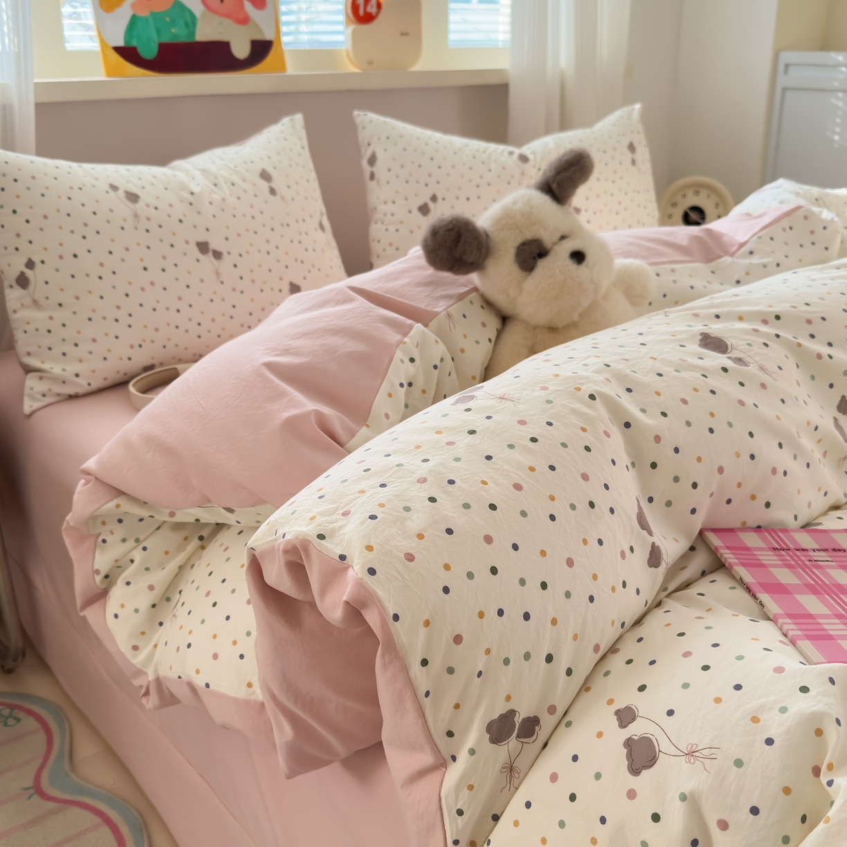 91家纺网 家纺一手货源 找家纺 德比尔斯  2026新款古法水洗仿棉云感棉小布袋四件套 波点气球