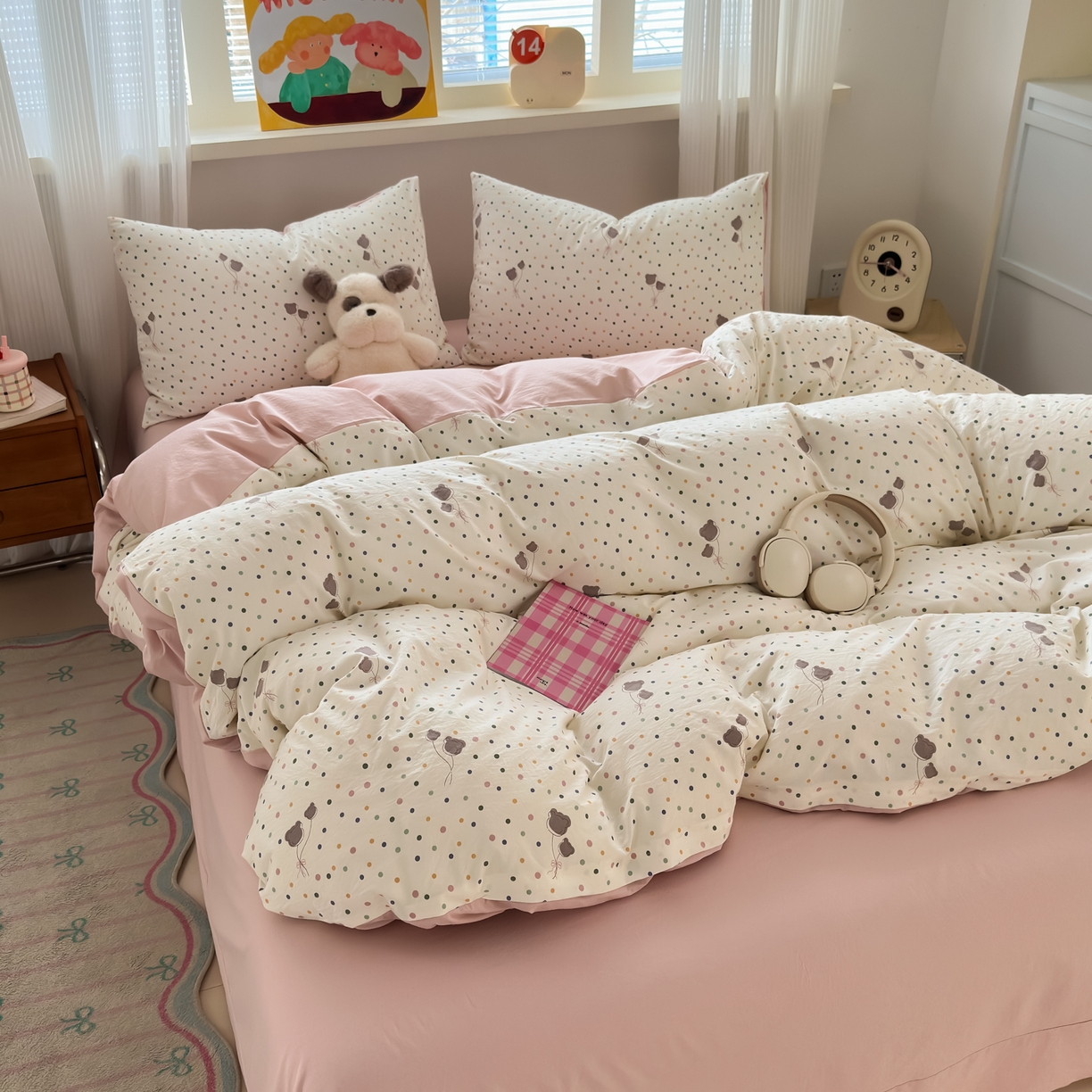 91家纺网 家纺一手货源 找家纺 德比尔斯  2026新款古法水洗仿棉云感棉小布袋四件套 波点气球