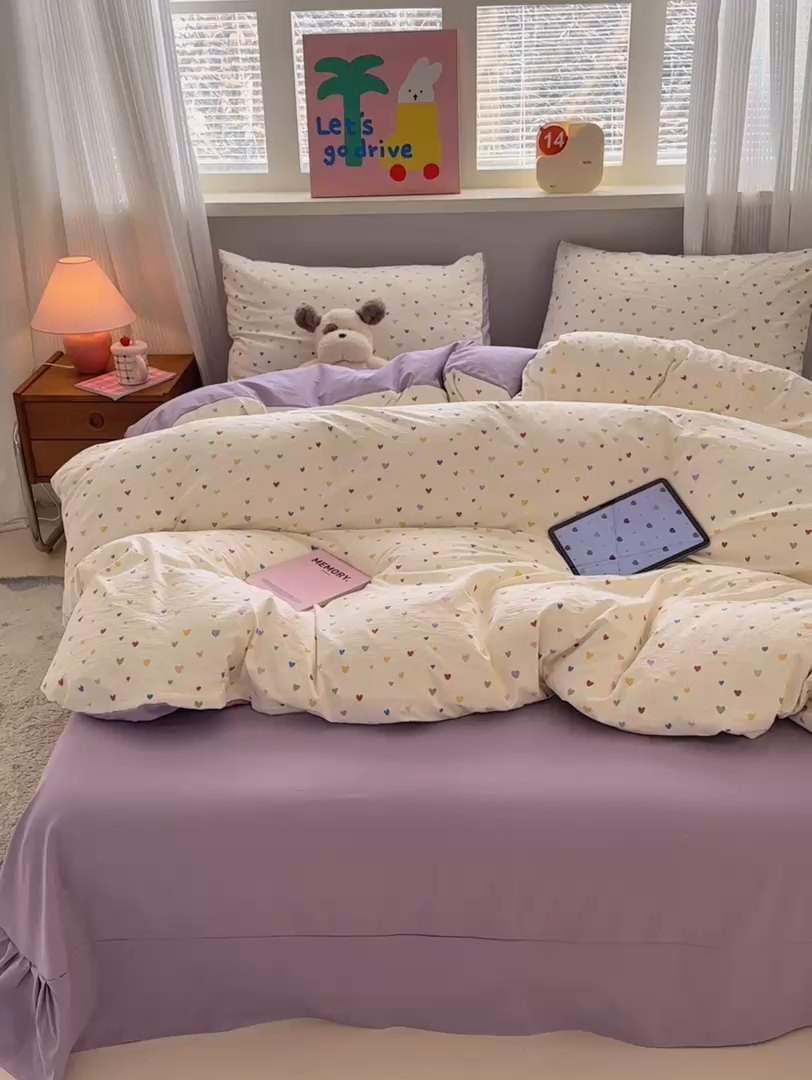 91家纺网 家纺一手货源 找家纺 德比尔斯  2026新款古法水洗仿棉云感棉小布袋四件套 彩色心动