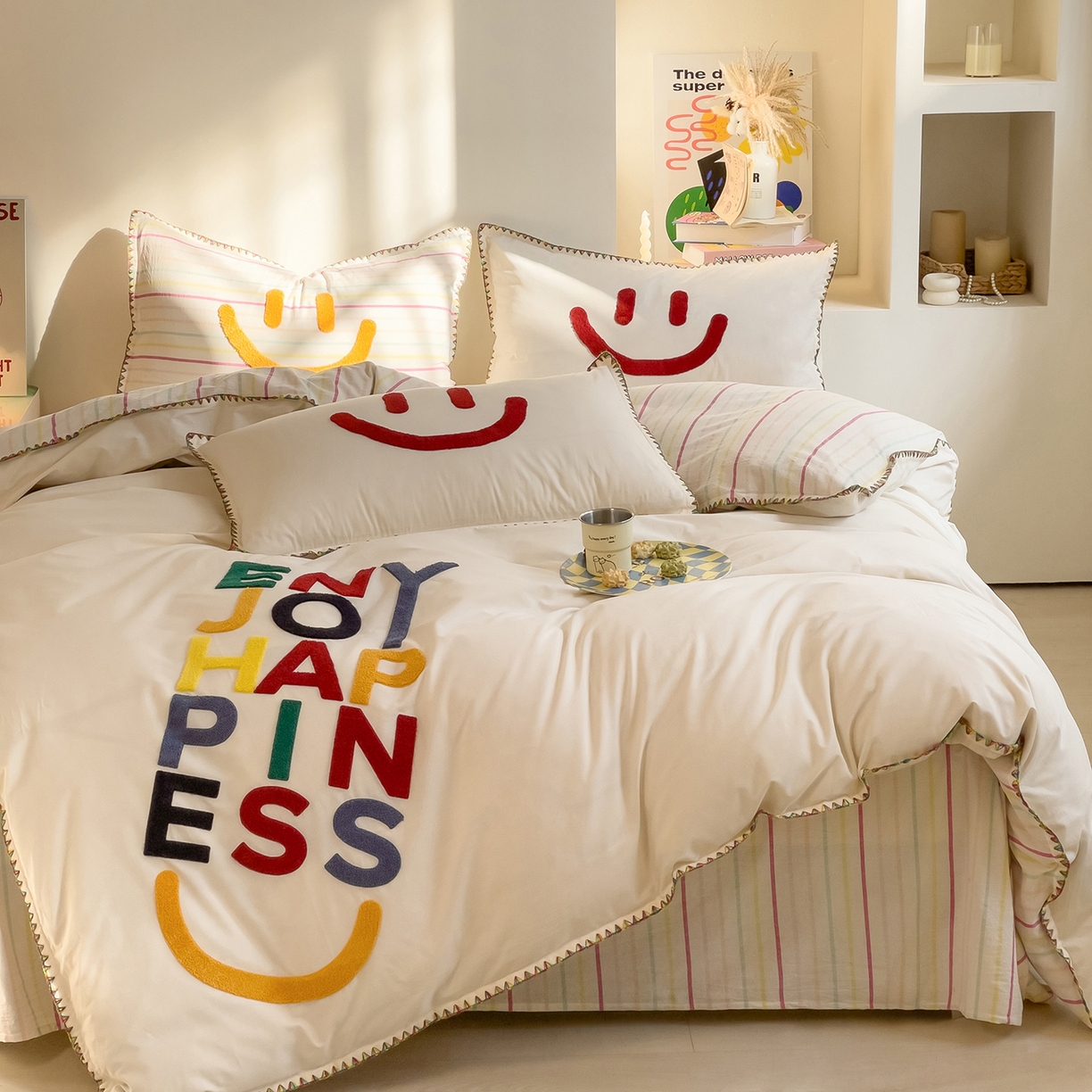 91家纺网 家纺一手货源 找家纺 （总）炫拼家纺 2026新款A类全棉水洗棉贝壳边毛巾绣四件套-炫彩系列