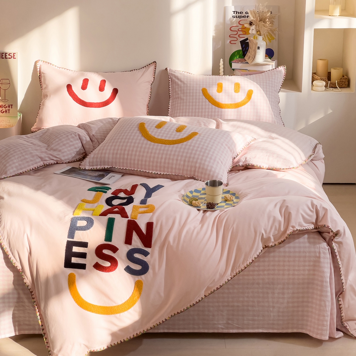 91家纺网 家纺一手货源 找家纺 炫拼家纺 2026新款A类全棉水洗棉贝壳边毛巾绣四件套-炫彩系列 炫彩-粉