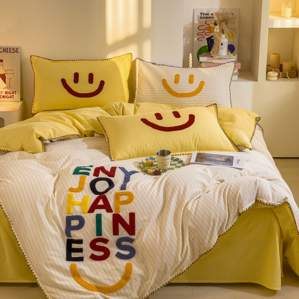 91家纺网 家纺一手货源 找家纺 炫拼家纺 2026新款A类全棉水洗棉贝壳边毛巾绣四件套-炫彩系列 炫彩-黄