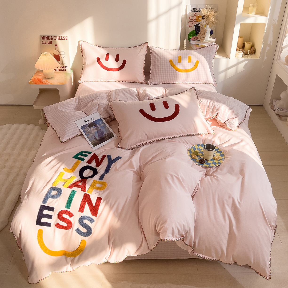 91家纺网 家纺一手货源 找家纺 炫拼家纺 2026新款A类全棉水洗棉贝壳边毛巾绣四件套-炫彩系列 炫彩-粉