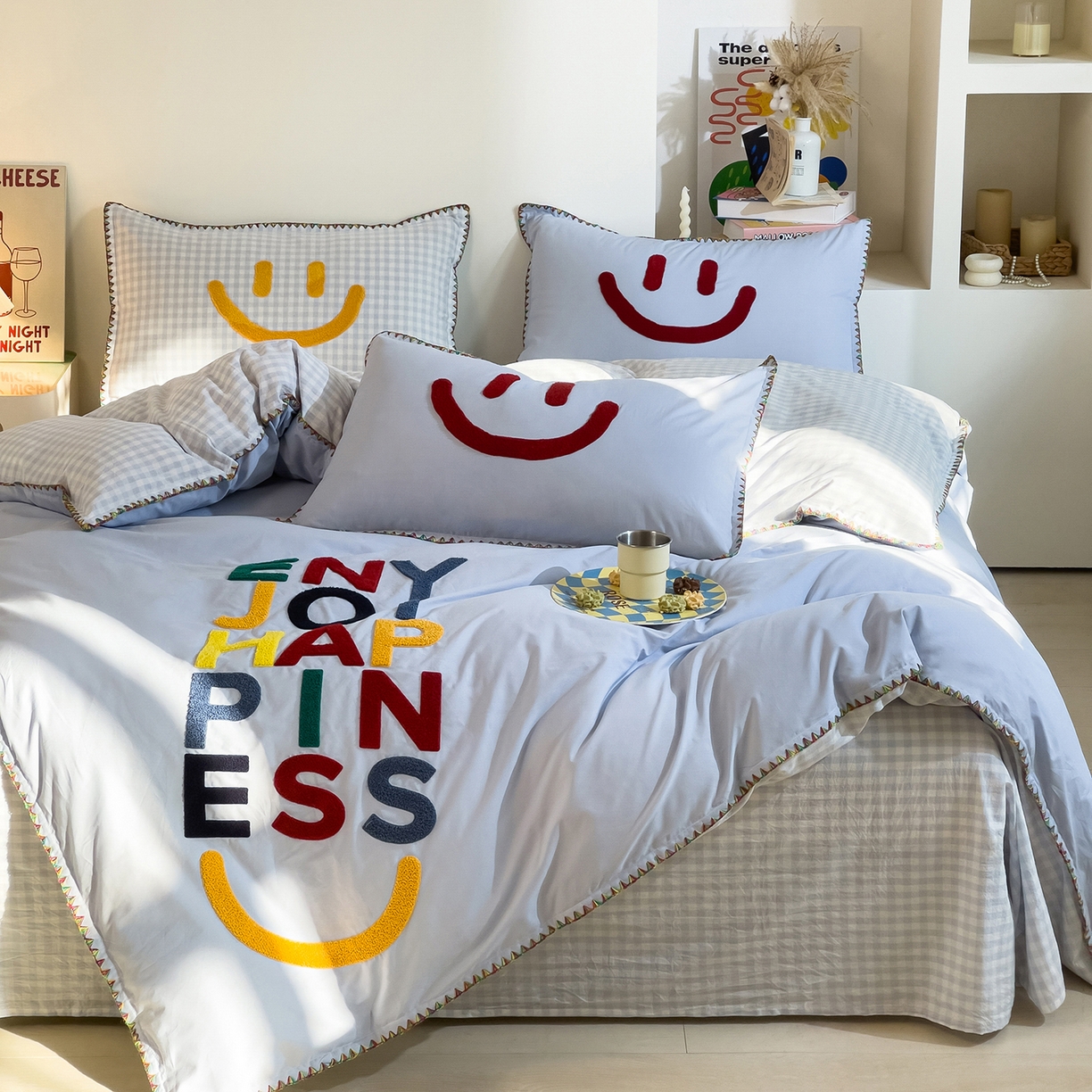 91家纺网 家纺一手货源 找家纺 炫拼家纺 2026新款A类全棉水洗棉贝壳边毛巾绣四件套-炫彩系列 炫彩-蓝