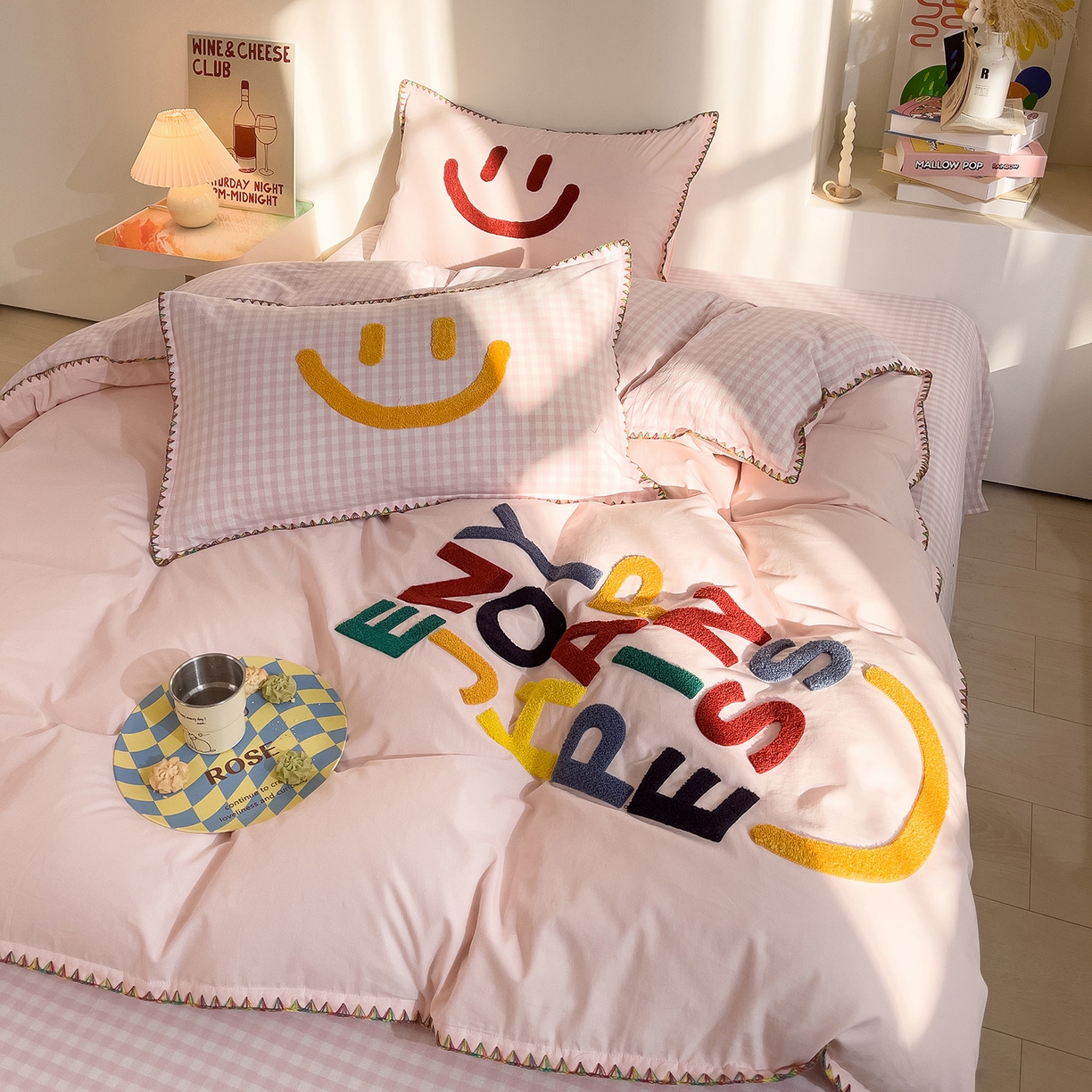 91家纺网 家纺一手货源 找家纺 炫拼家纺 2026新款A类全棉水洗棉贝壳边毛巾绣四件套-炫彩系列 炫彩-粉