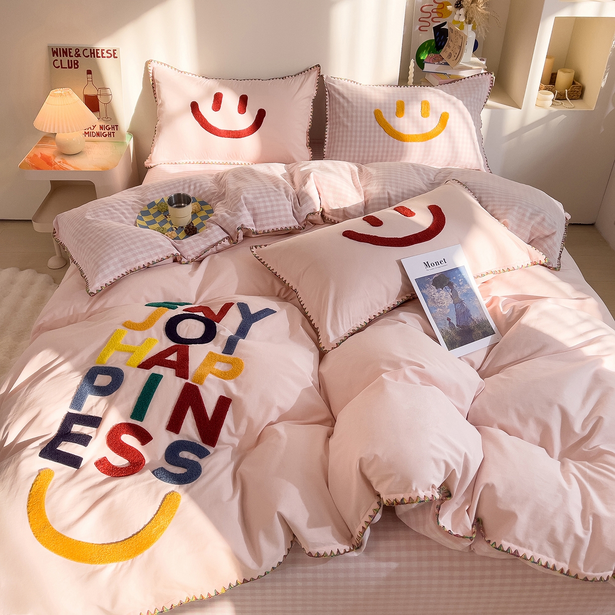 91家纺网 家纺一手货源 找家纺 炫拼家纺 2026新款A类全棉水洗棉贝壳边毛巾绣四件套-炫彩系列 炫彩-粉