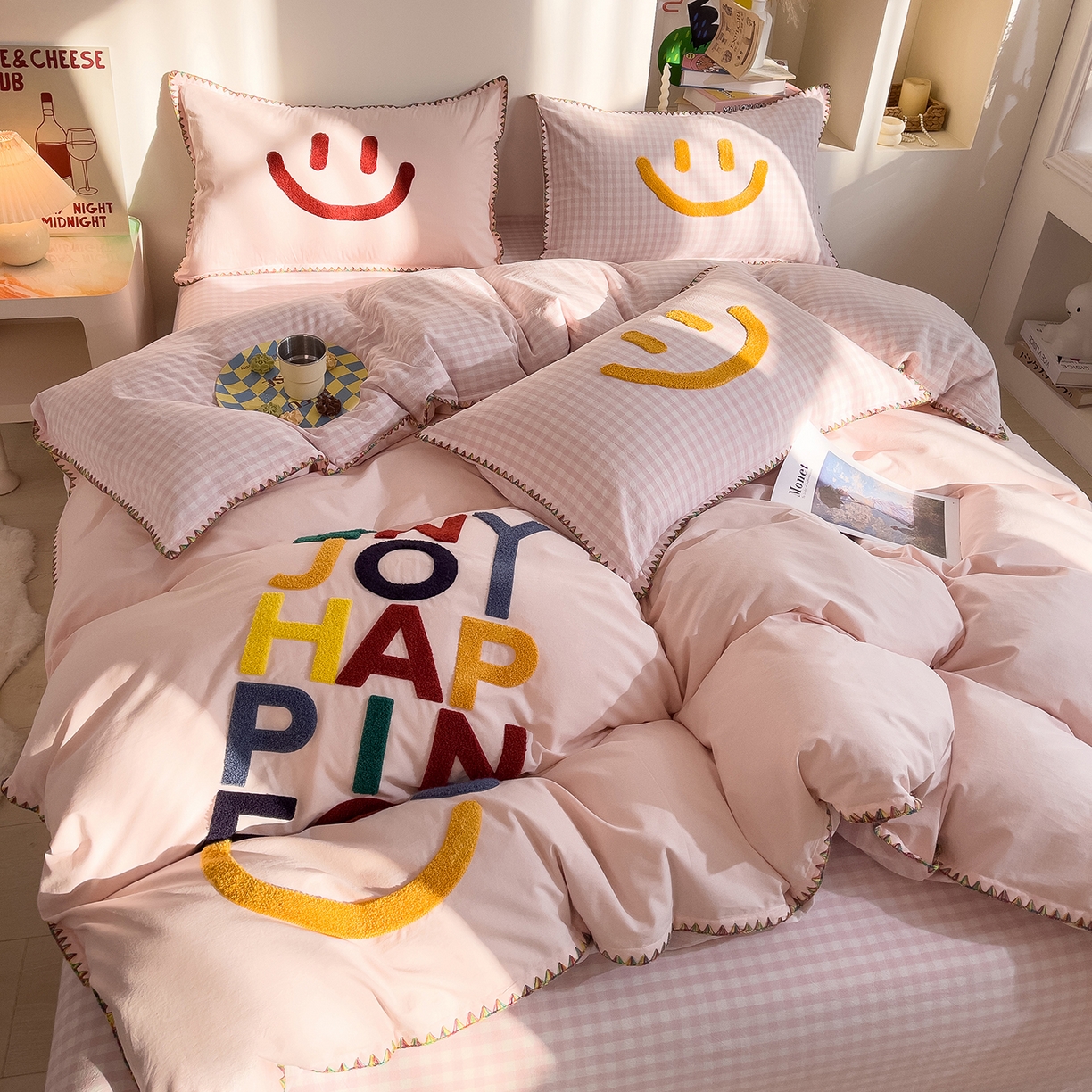 炫拼家纺 2026新款A类全棉水洗棉贝壳边毛巾绣四件套-炫彩系列 炫彩-粉