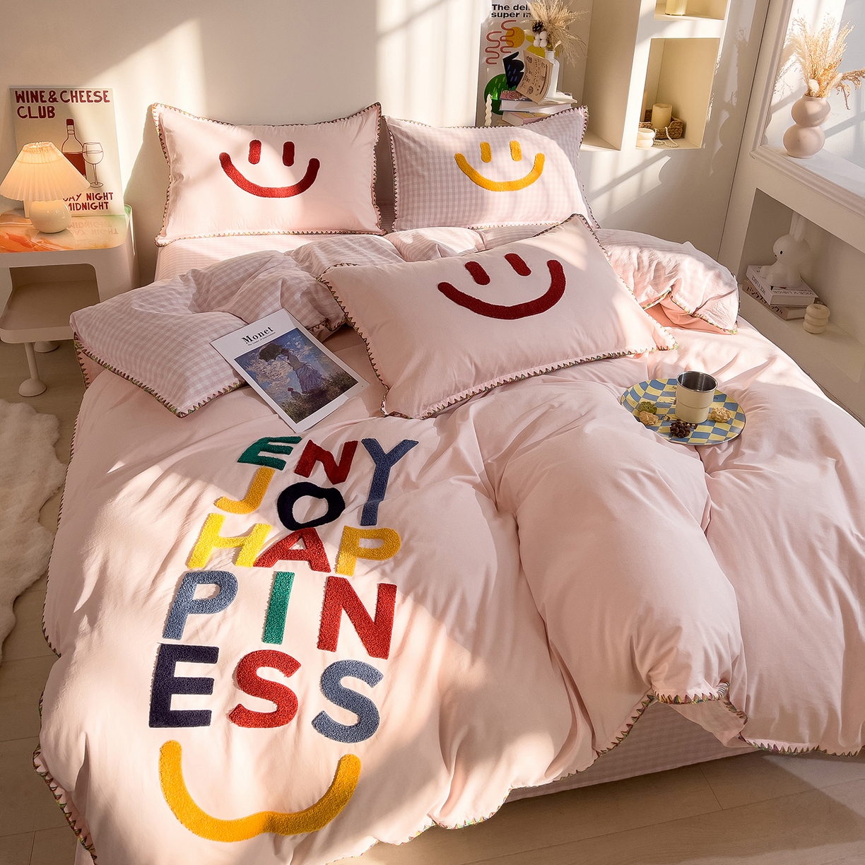 91家纺网 家纺一手货源 找家纺 炫拼家纺 2026新款A类全棉水洗棉贝壳边毛巾绣四件套-炫彩系列 炫彩-粉