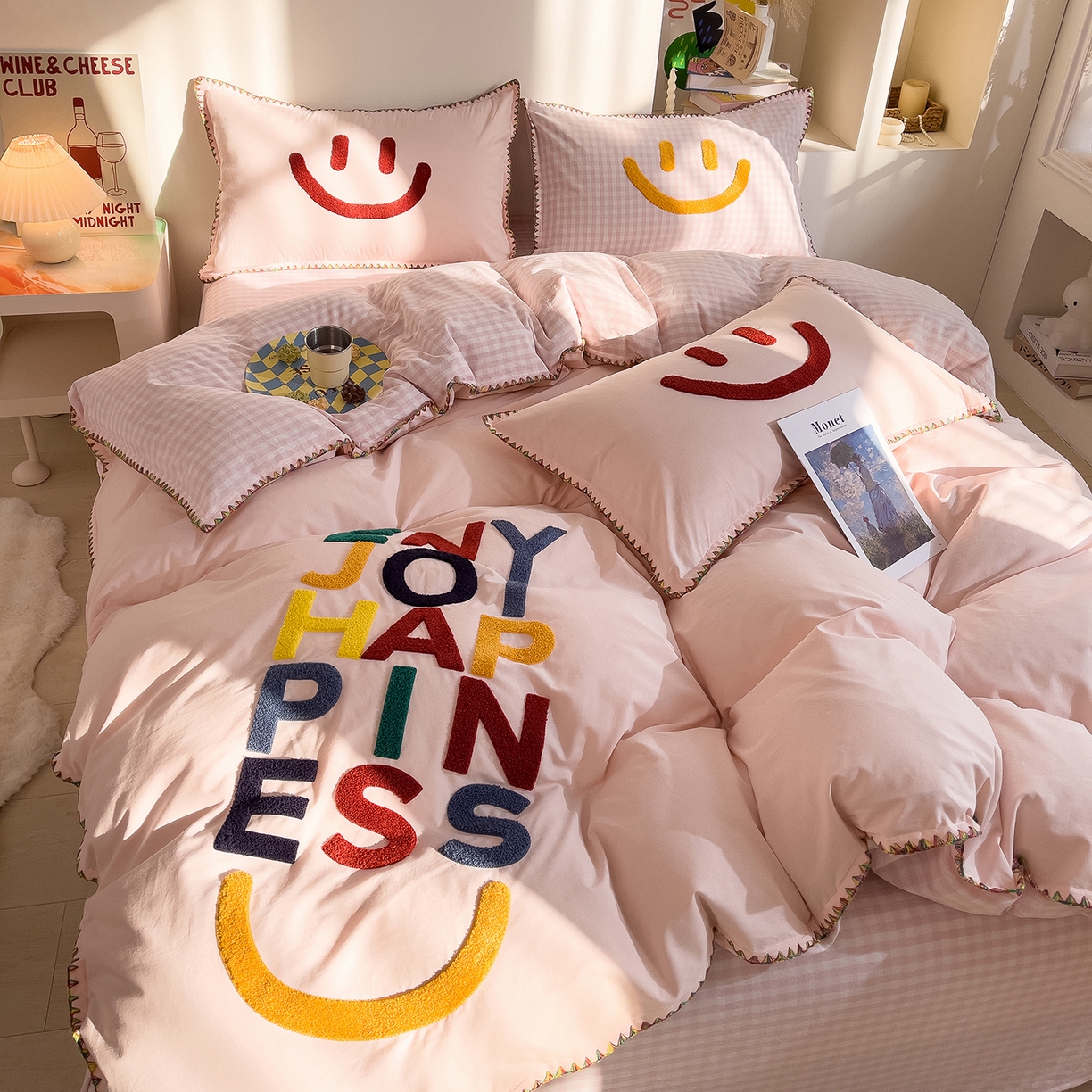 91家纺网 家纺一手货源 找家纺 炫拼家纺 2026新款A类全棉水洗棉贝壳边毛巾绣四件套-炫彩系列 炫彩-粉