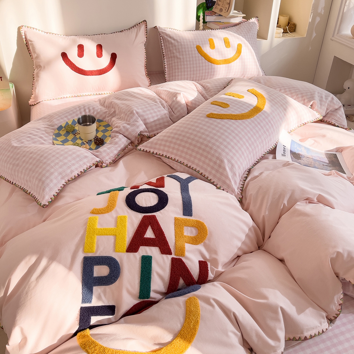 91家纺网 家纺一手货源 找家纺 炫拼家纺 2026新款A类全棉水洗棉贝壳边毛巾绣四件套-炫彩系列 炫彩-粉