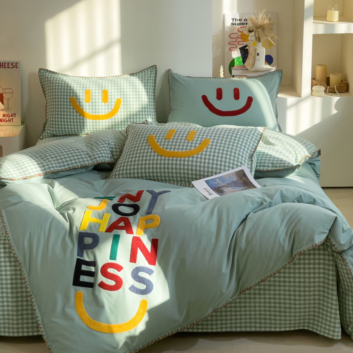 91家纺网 家纺一手货源 找家纺 炫拼家纺 2026新款A类全棉水洗棉贝壳边毛巾绣四件套-炫彩系列 炫彩-绿