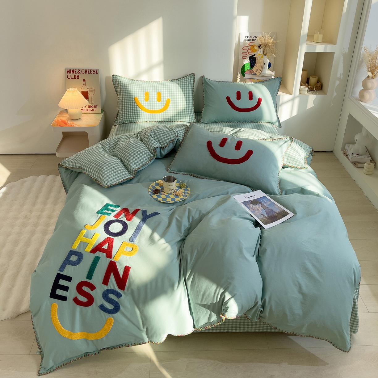 91家纺网 家纺一手货源 找家纺 炫拼家纺 2026新款A类全棉水洗棉贝壳边毛巾绣四件套-炫彩系列 炫彩-绿