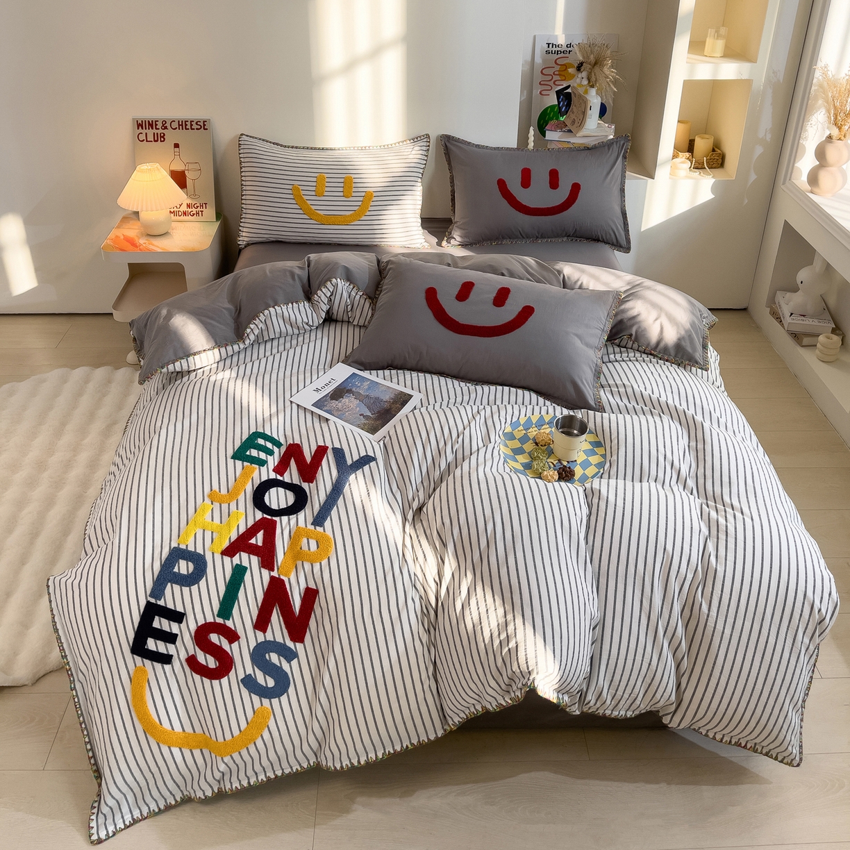 91家纺网 家纺一手货源 找家纺 炫拼家纺 2026新款A类全棉水洗棉贝壳边毛巾绣四件套-炫彩系列 炫彩-灰