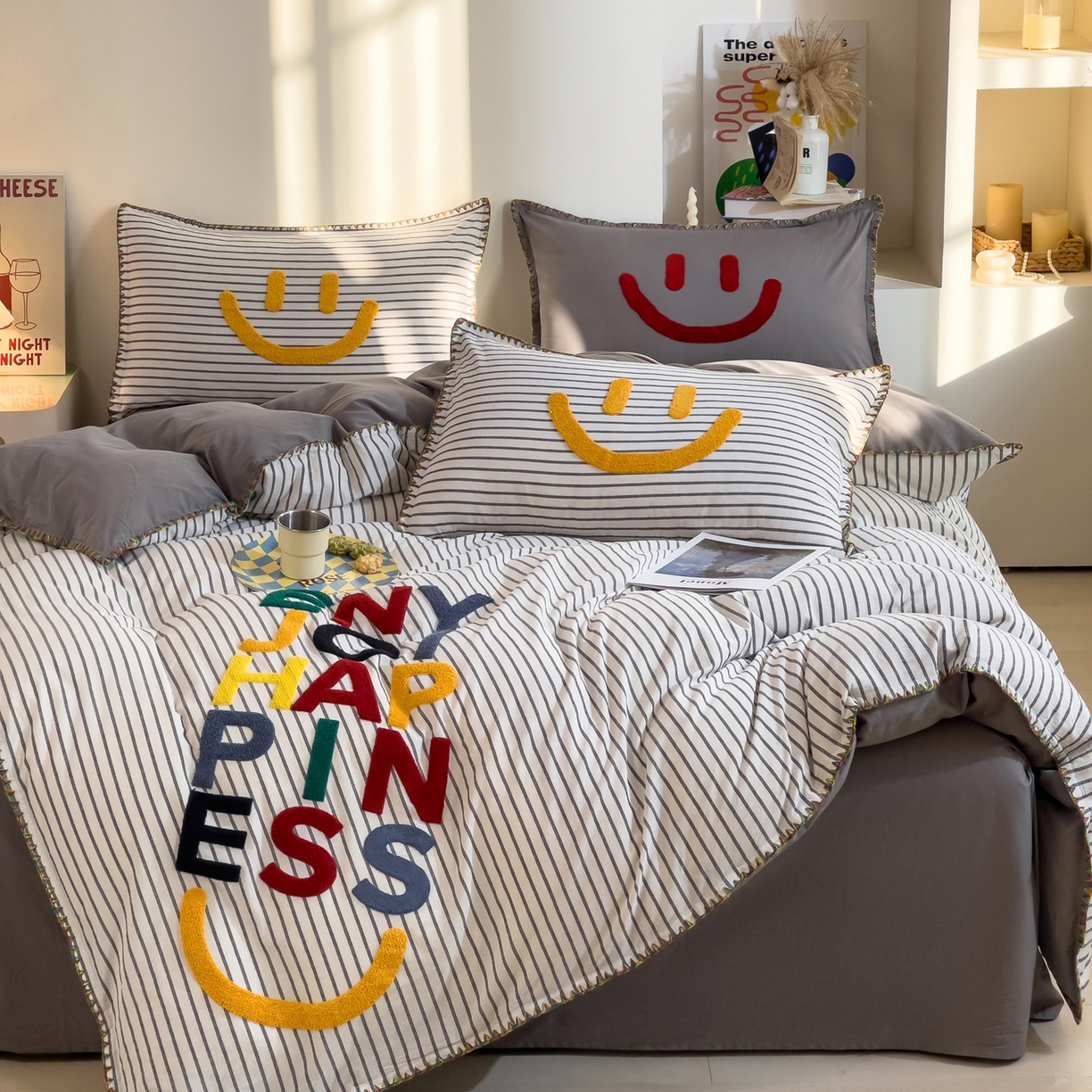 91家纺网 家纺一手货源 找家纺 炫拼家纺 2026新款A类全棉水洗棉贝壳边毛巾绣四件套-炫彩系列 炫彩-灰