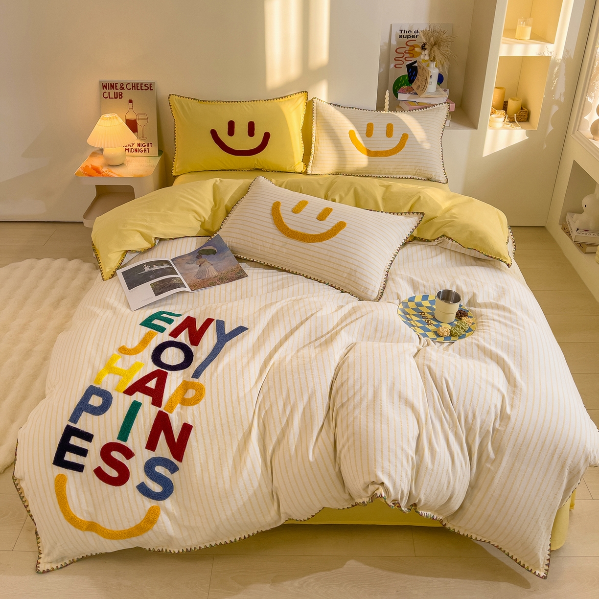 91家纺网 家纺一手货源 找家纺 炫拼家纺 2026新款A类全棉水洗棉贝壳边毛巾绣四件套-炫彩系列 炫彩-黄